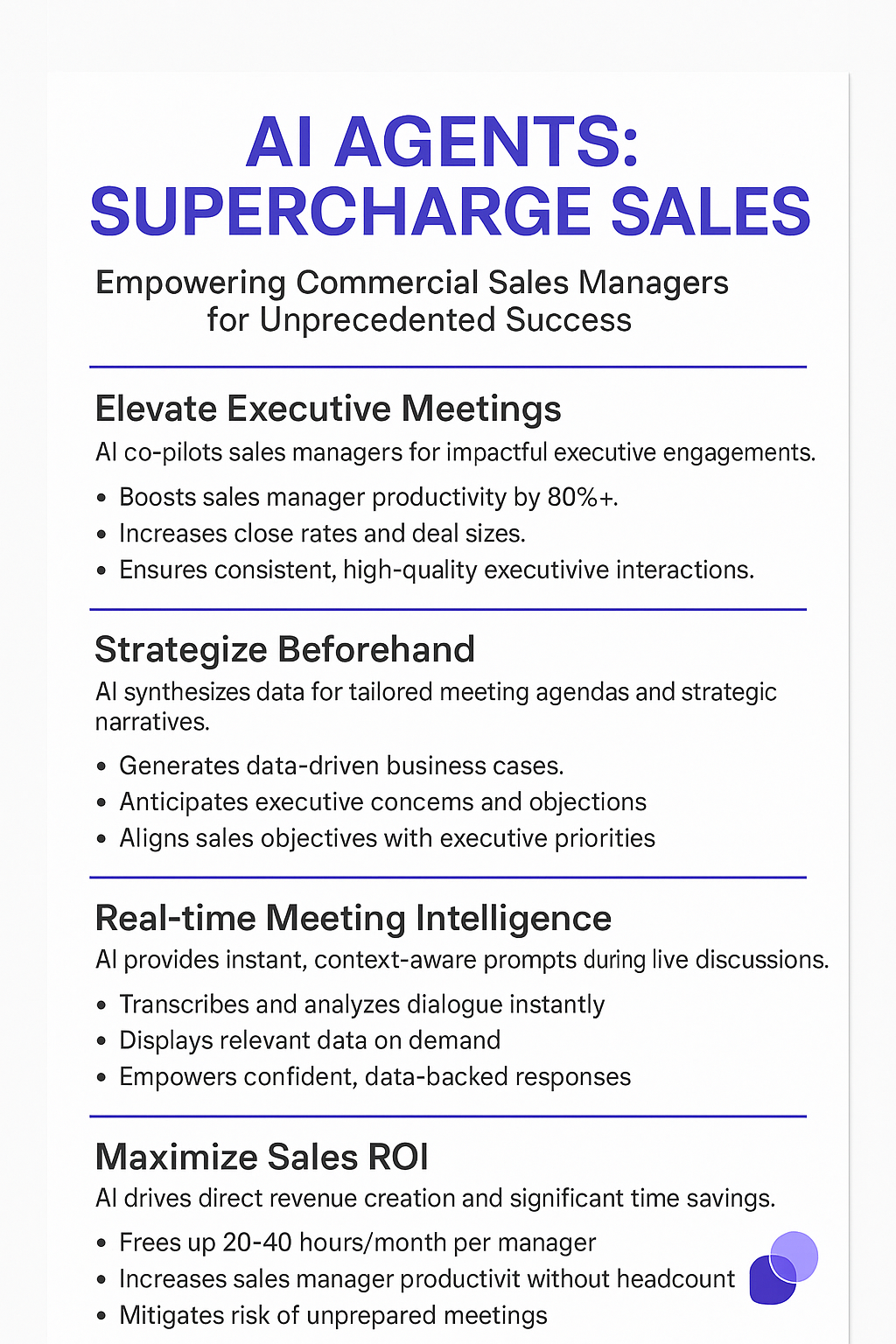 AI AGENTS: SUPERCHARGE SALES infographic for commercial sales managers - stakeholder management strategy showing 80%+ productivity boost and 20-40 hours saved monthly