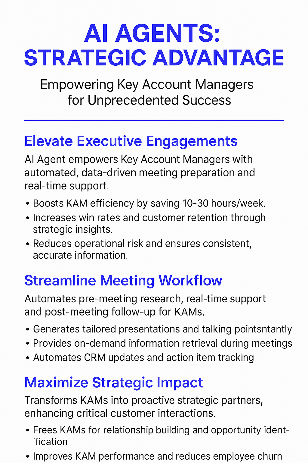 AI Agents Strategic Advantage infographic for key account managers showing elevated executive engagements, streamlined meeting workflow, and maximized strategic impact benefits