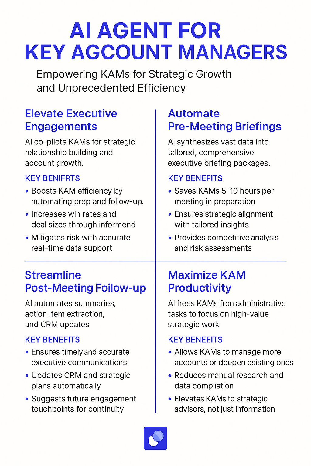 AI Agent for Key Account Managers infographic showing stakeholder management strategy benefits: automated briefings, streamlined follow-up, and maximized productivity for executive meetings