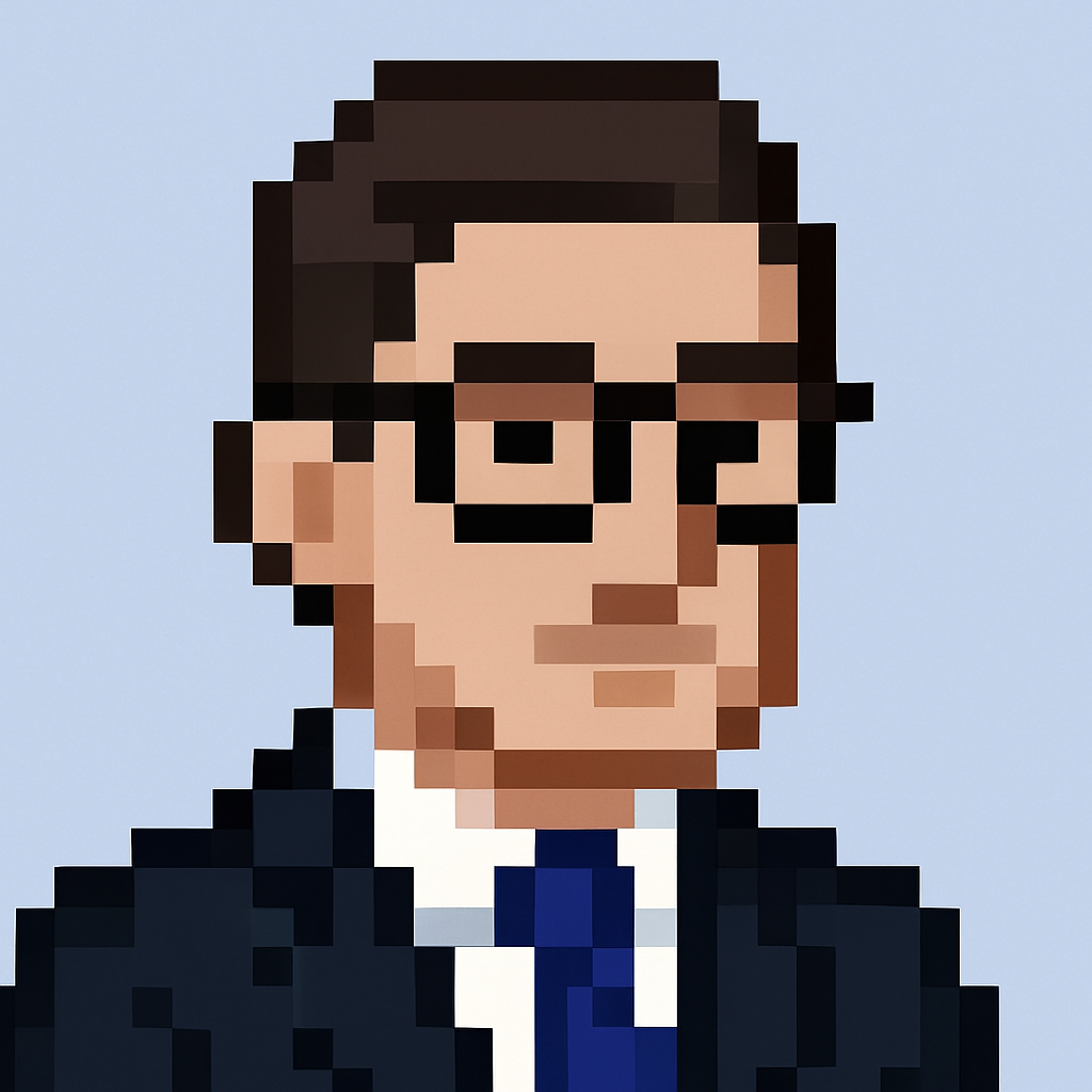 Executive stakeholder meeting agent avatar - professional key account manager in pixel art style for AI-powered meeting management