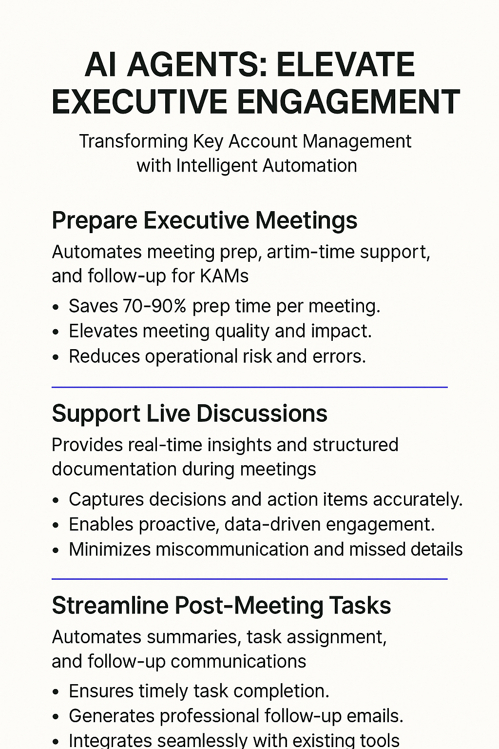 AI Agents: Elevate Executive Engagement infographic showing intelligent automation for key account management with 70-90% time savings in stakeholder meetings