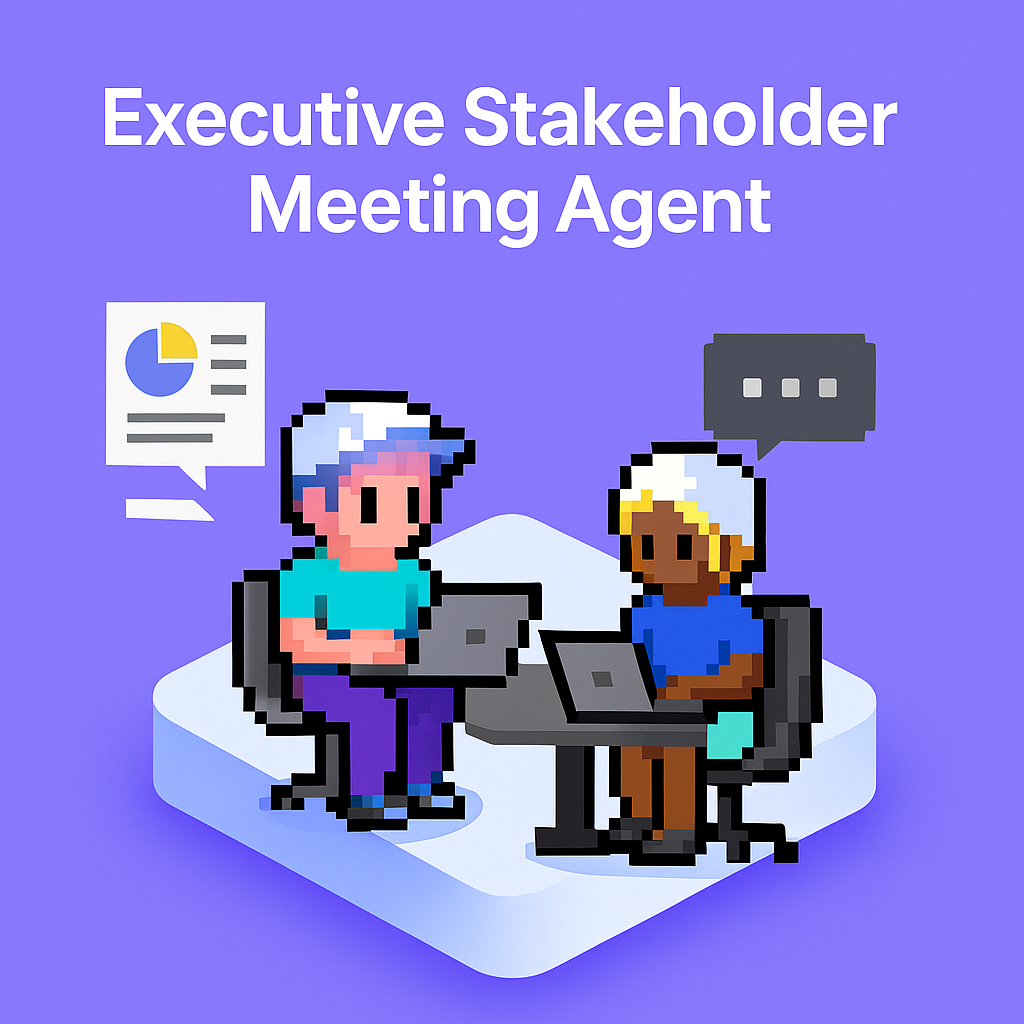 Executive Stakeholder Meeting Agent - AI-powered stakeholder management tool showing two professionals collaborating with data analytics and meeting preparation features