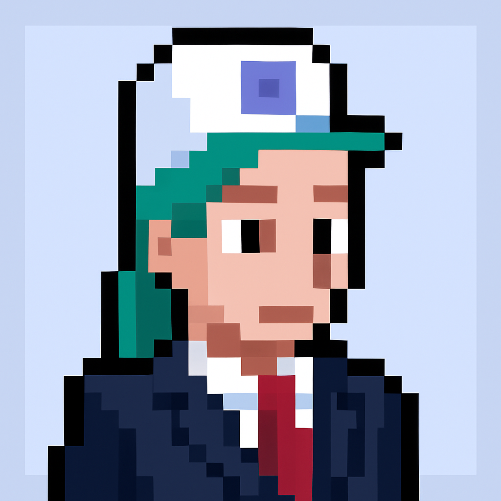 Professional AI agent avatar for executive stakeholder meeting management - pixel art character in business suit representing key account manager expertise