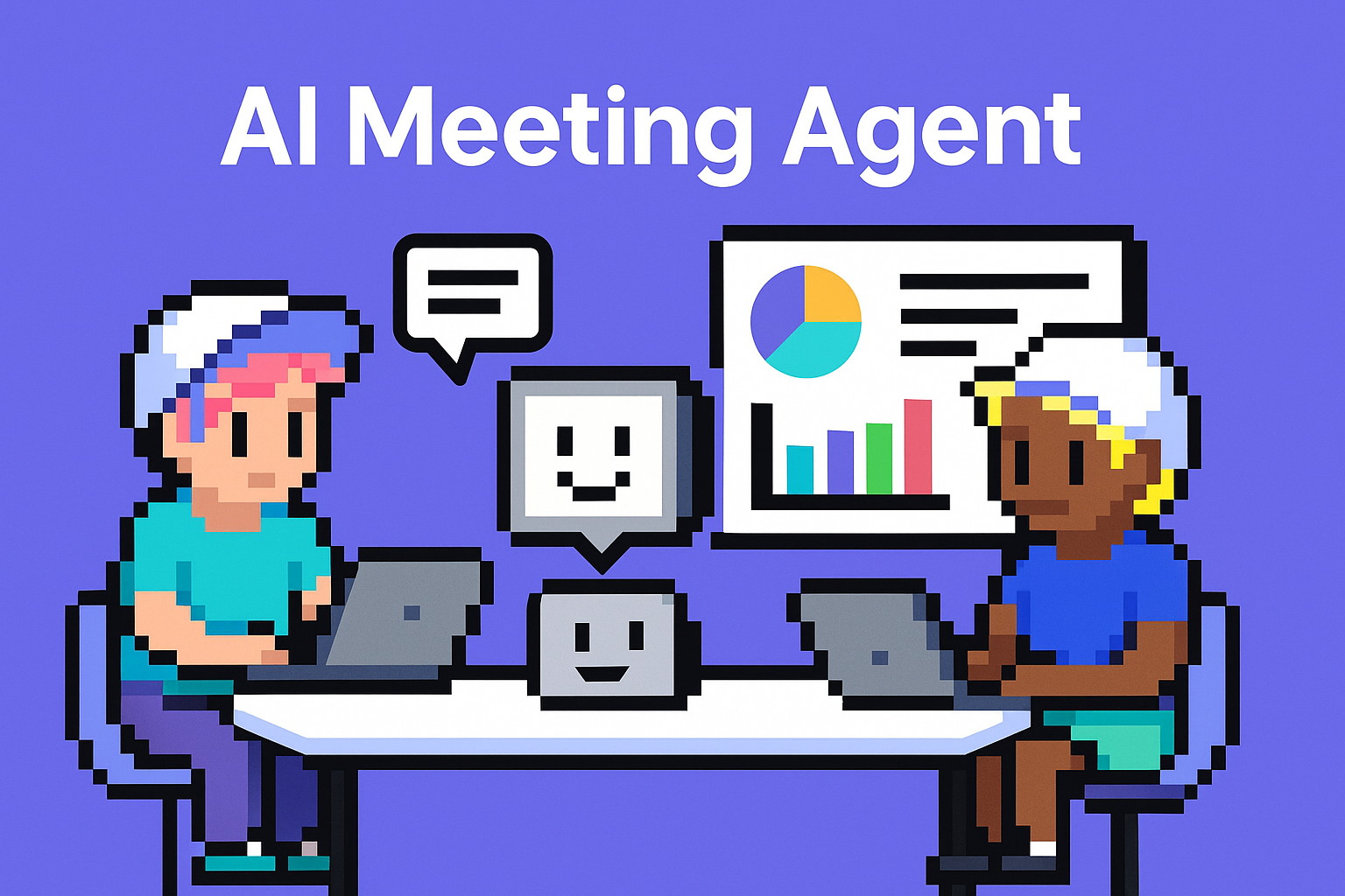 AI Meeting Agent - two professionals collaborating with AI-powered stakeholder management tools and analytics dashboard