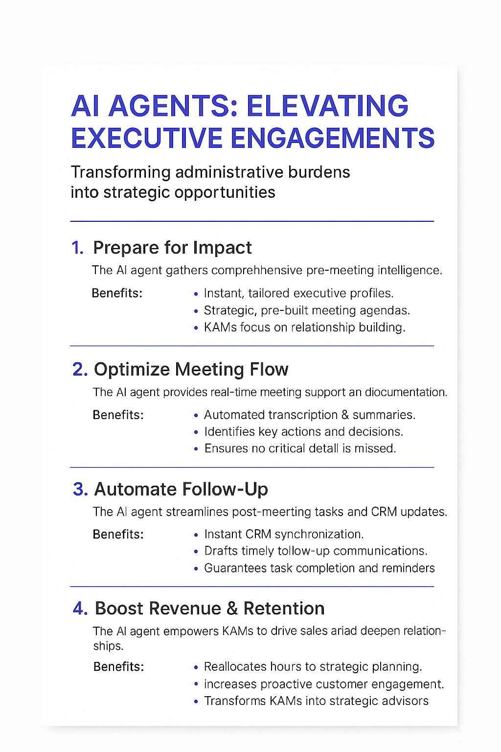 AI AGENTS: ELEVATING EXECUTIVE ENGAGEMENTS infographic showing four key stakeholder management benefits - Prepare for Impact, Optimize Meeting Flow, Automate Follow-Up, and Boost Revenue & Retention