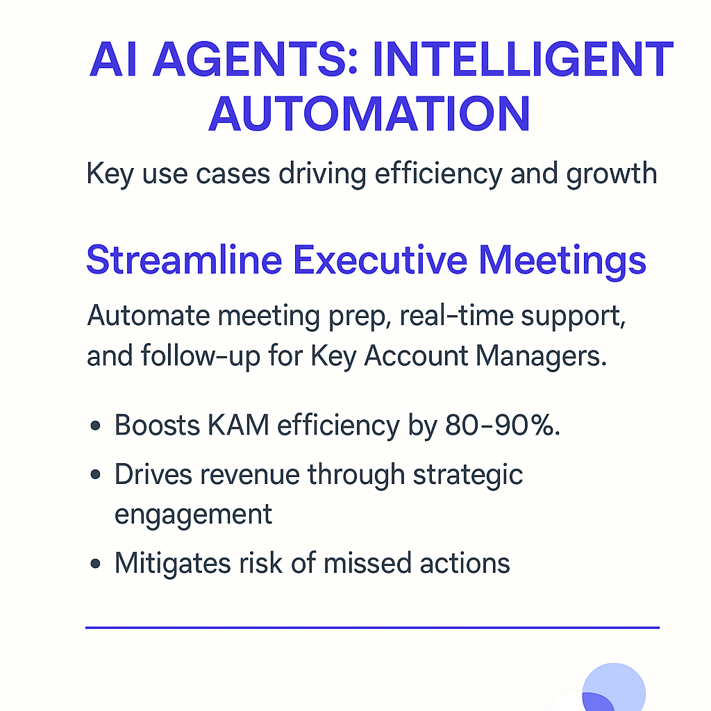 AI Agents Intelligent Automation infographic showing executive meeting streamlining benefits - 80-90% efficiency boost for key account managers