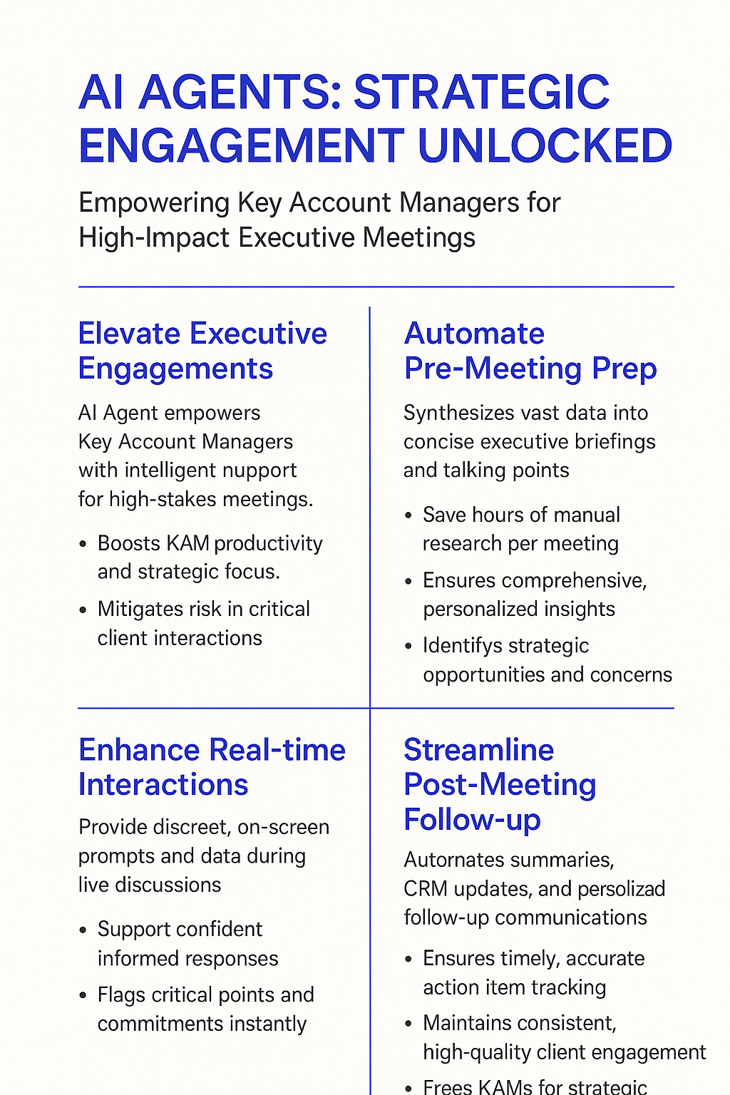 AI Agents Strategic Engagement Unlocked infographic for Key Account Managers showing automated pre-meeting prep, enhanced real-time interactions, and streamlined post-meeting follow-up