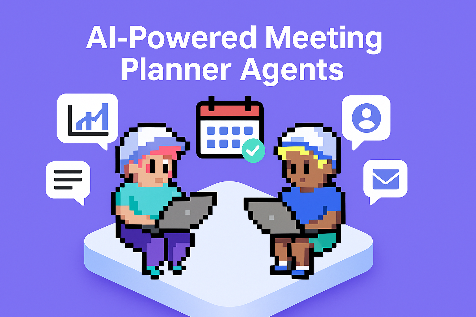 AI-Powered Meeting Planner Agents - two professionals using laptops with issue resolution icons including graphs, calendars, and communication tools for key account management