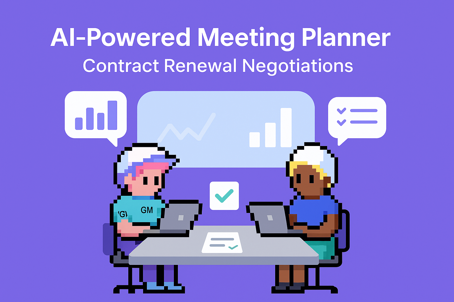 AI-Powered Meeting Planner Contract Renewal Negotiations - two professionals with laptops discussing contract renewal strategy and renewal agreement terms with data visualization charts