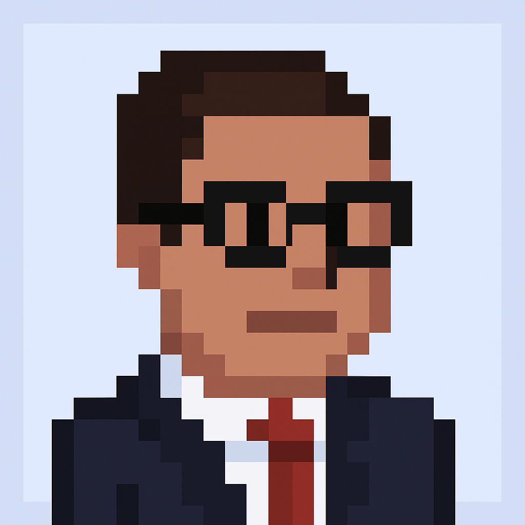 Key account manager AI agent avatar - professional pixel art character with glasses and business suit for cross-functional account review meetings