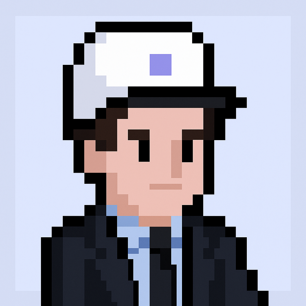 Key account manager AI agent avatar in pixel art style wearing business suit and cap for cross-functional team coordination