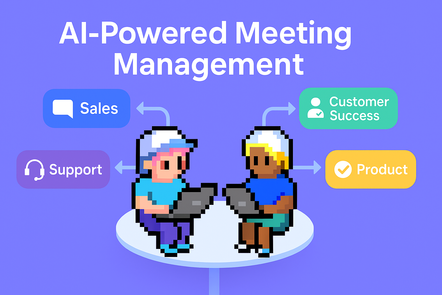 AI-Powered Meeting Management illustration showing key account managers using laptops for Sales, Support, Customer Success, and Product team coordination