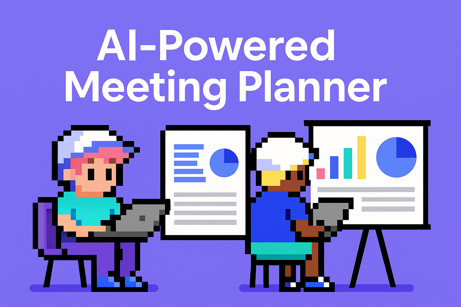 AI-Powered Meeting Planner for quarterly business reviews - pixel art illustration showing key account managers using AI agents to automate QBR preparation and data analysis