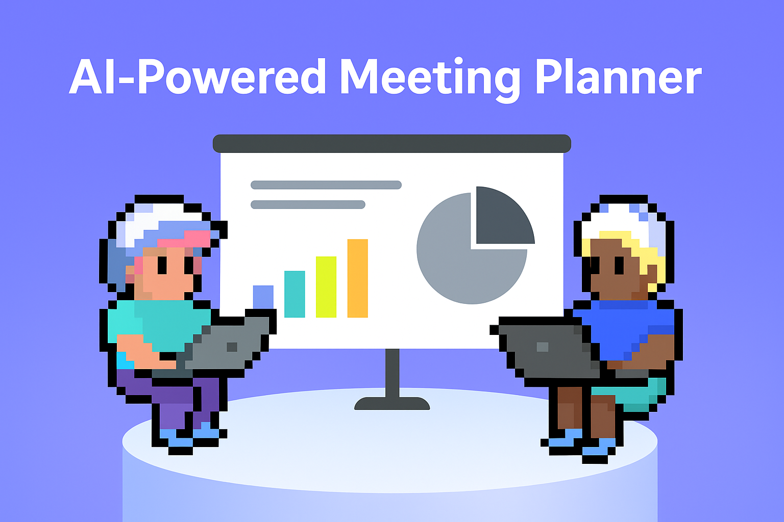 AI-Powered Meeting Planner for quarterly business reviews showing two professionals with laptops analyzing QBR data charts and graphs