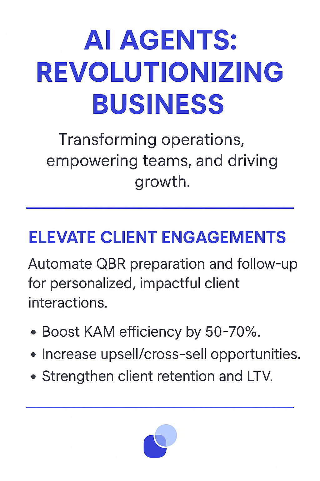 AI Agents revolutionizing business infographic - elevate client engagements through automated QBR preparation boosting KAM efficiency by 50-70% and increasing upsell opportunities
