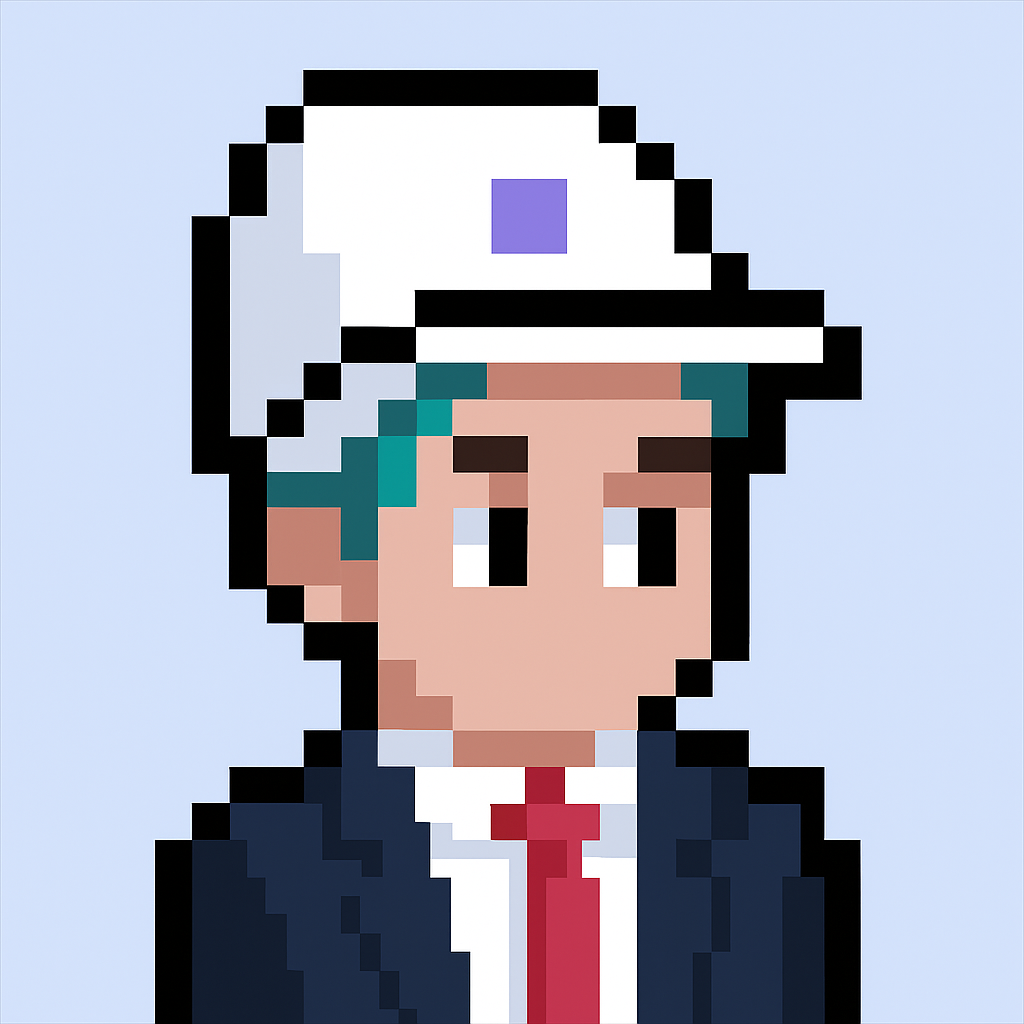 Key Account Manager AI agent avatar - professional pixel art character with blue hair, white cap, and business suit for automated account management software