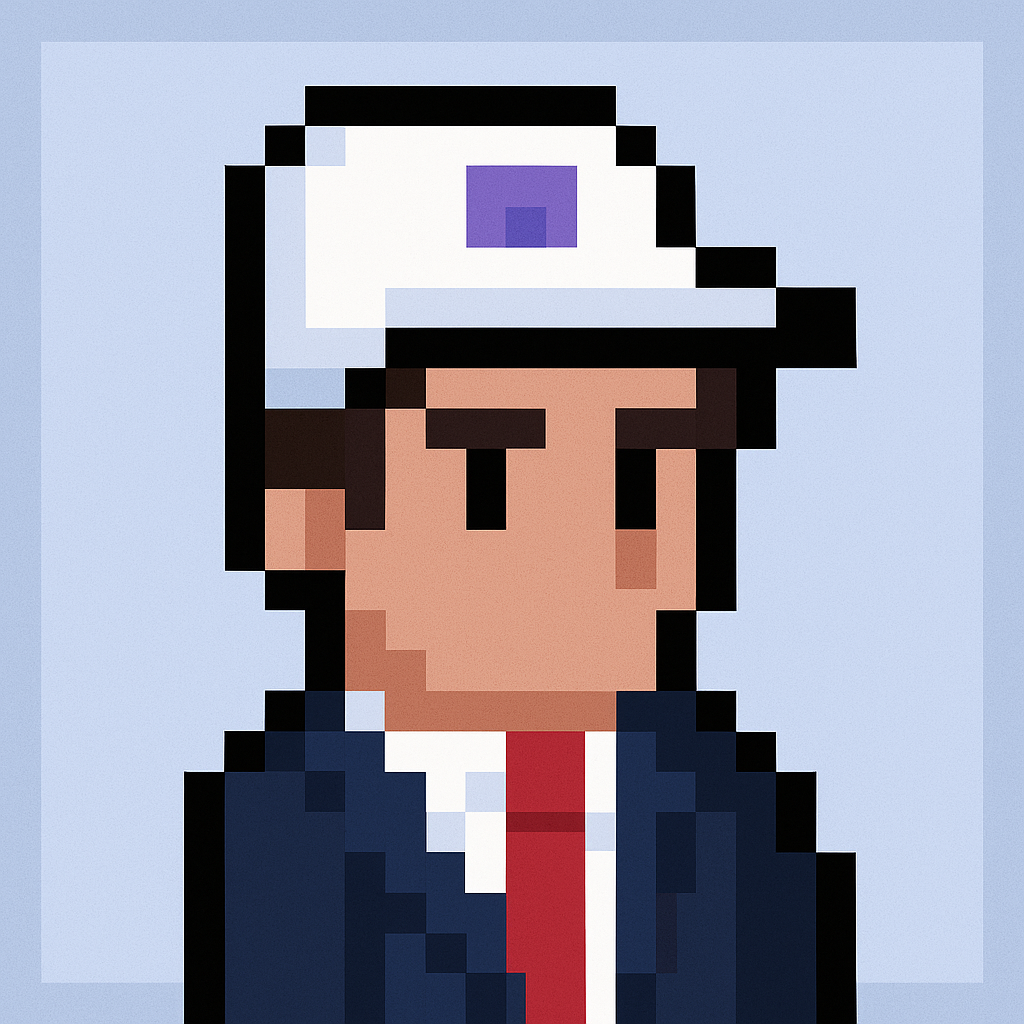 Key account manager AI agent avatar in pixel art style wearing business suit and cap for quarterly business review meetings