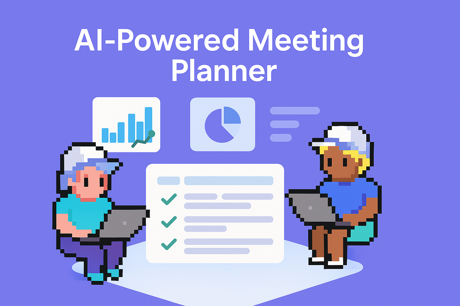 AI-Powered Meeting Planner illustration showing two key account managers using laptops with data visualization charts and checklists for account planning meetings