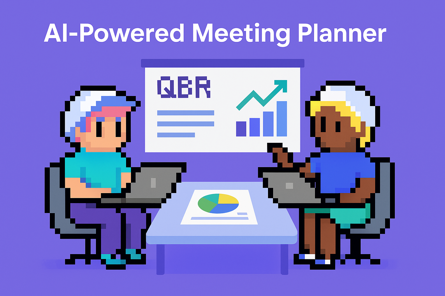 AI-Powered Meeting Planner showing two key account managers conducting QBR with upward trending graph and quarterly business review data analysis