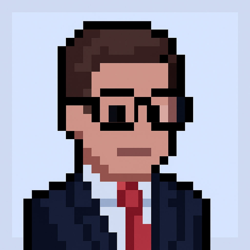 Key Account Manager AI agent avatar - professional pixel art character with glasses and suit for account management software