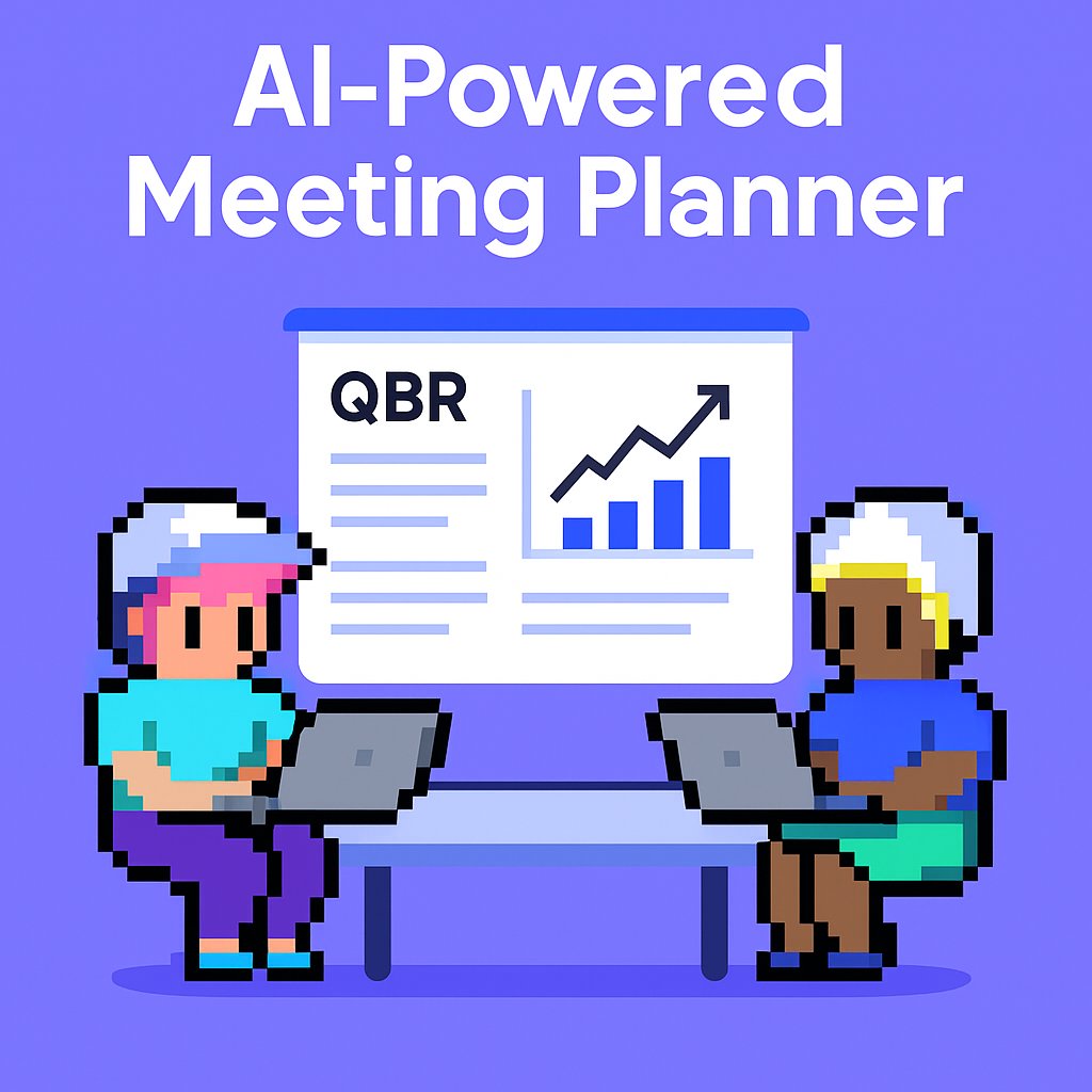 AI-Powered Meeting Planner for QBR - two professionals with laptops viewing quarterly business review chart showing upward growth trend