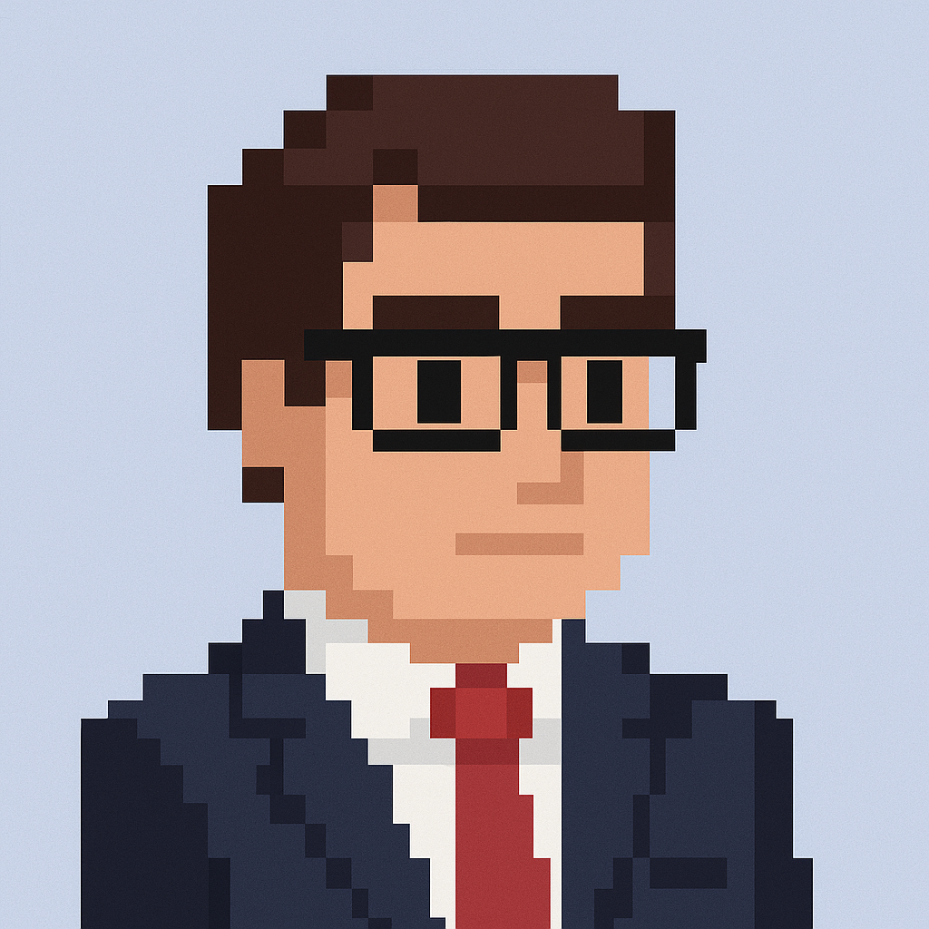 Key Account Manager AI agent avatar for quarterly business reviews software - professional pixel art character with glasses and business suit