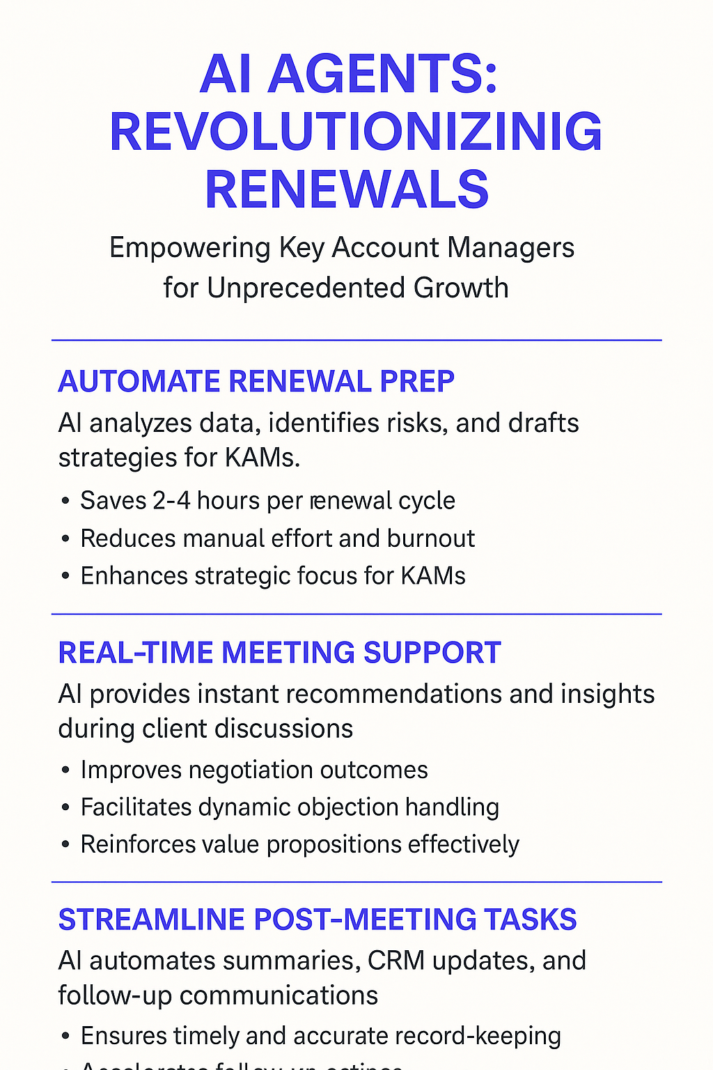 AI Agents Revolutionizing Renewals infographic for Key Account Managers showing automated renewal prep, real-time meeting support, and streamlined post-meeting tasks for contract renewal strategy