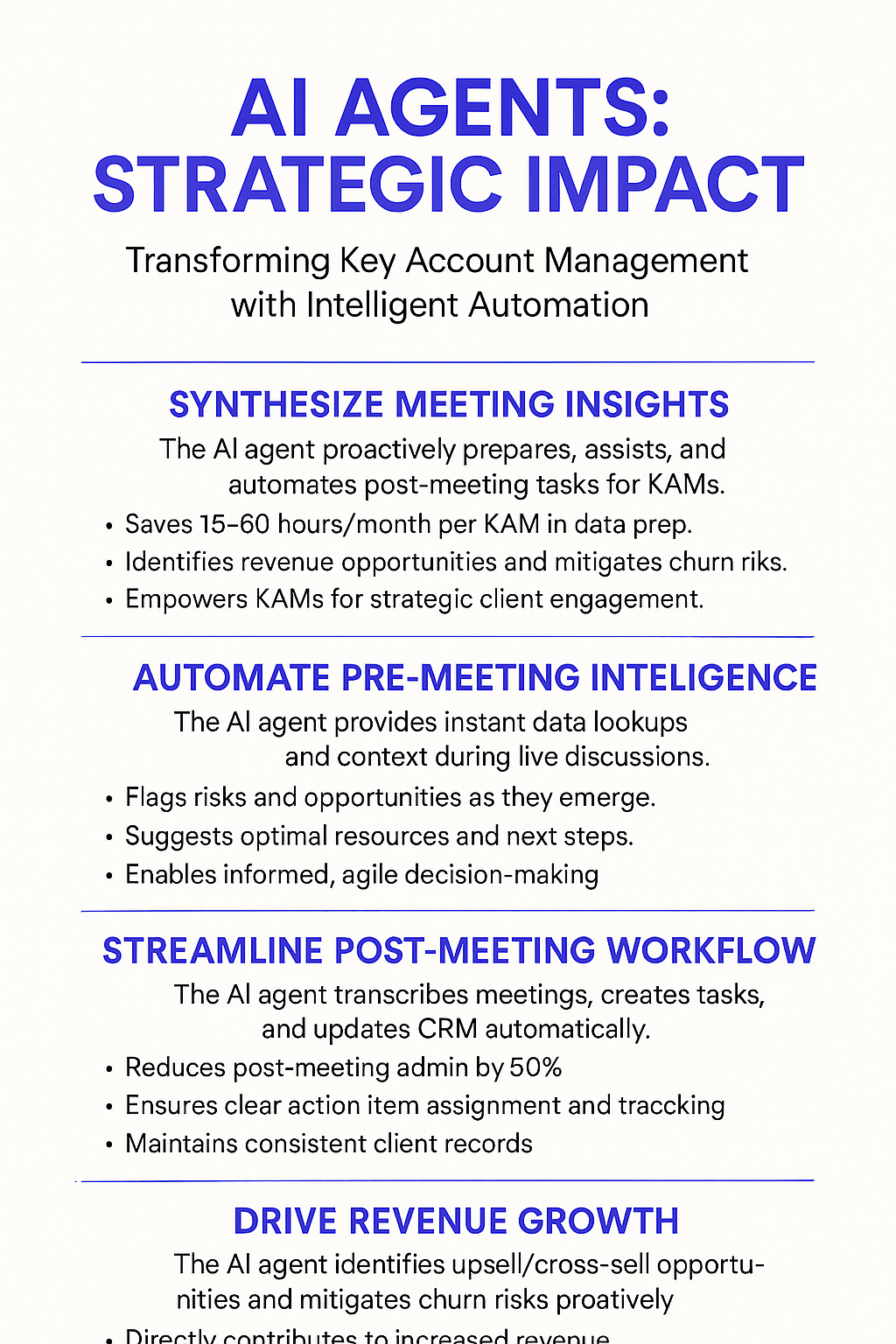 AI Agents Strategic Impact infographic showing key account management benefits including meeting insights synthesis, pre-meeting intelligence, streamlined post-meeting workflow, and revenue growth drivers for account management tools