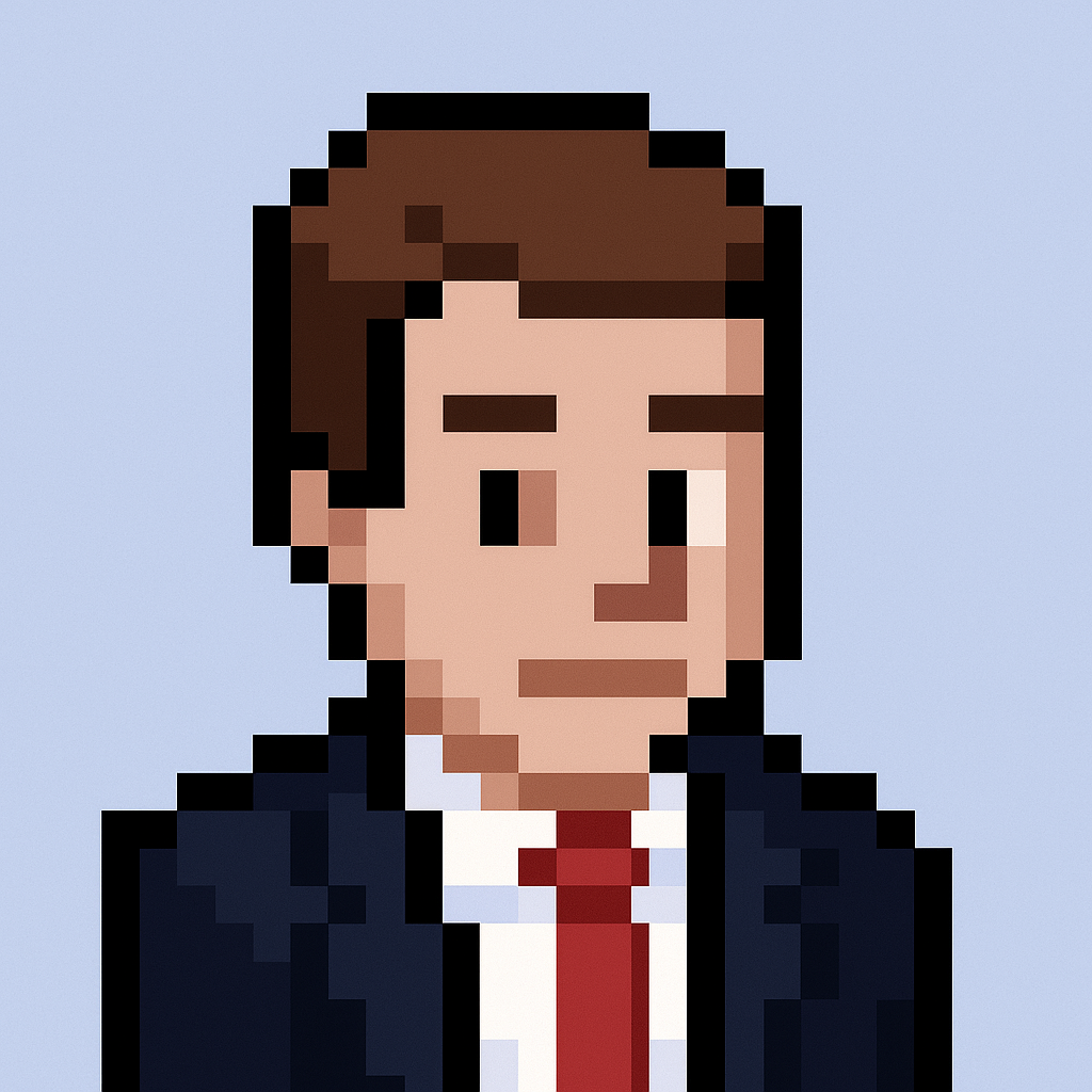 Professional pixel art avatar of public sector sales manager in dark suit with red tie for opportunity discovery call agent