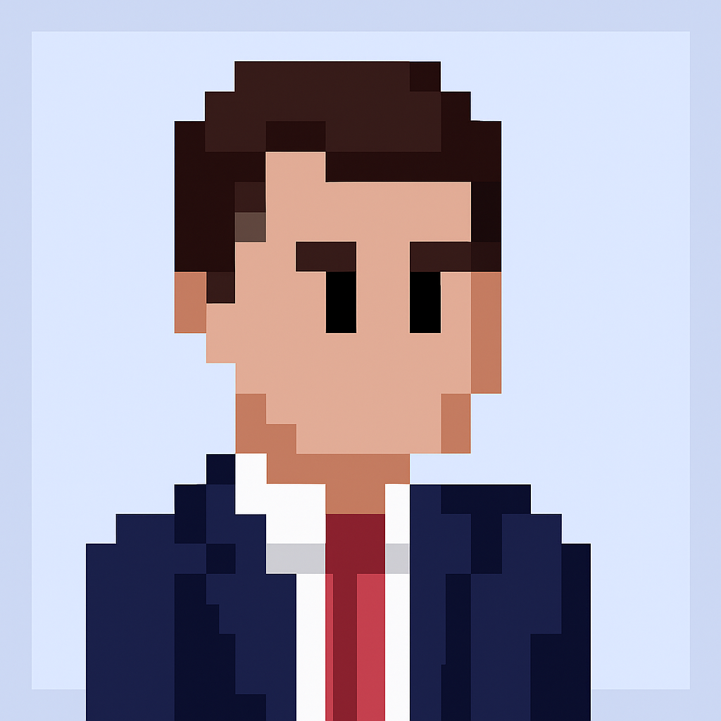 Professional PR manager avatar in pixel art style for media pitch planning agent - dark blue suit with red tie representing public relations expertise