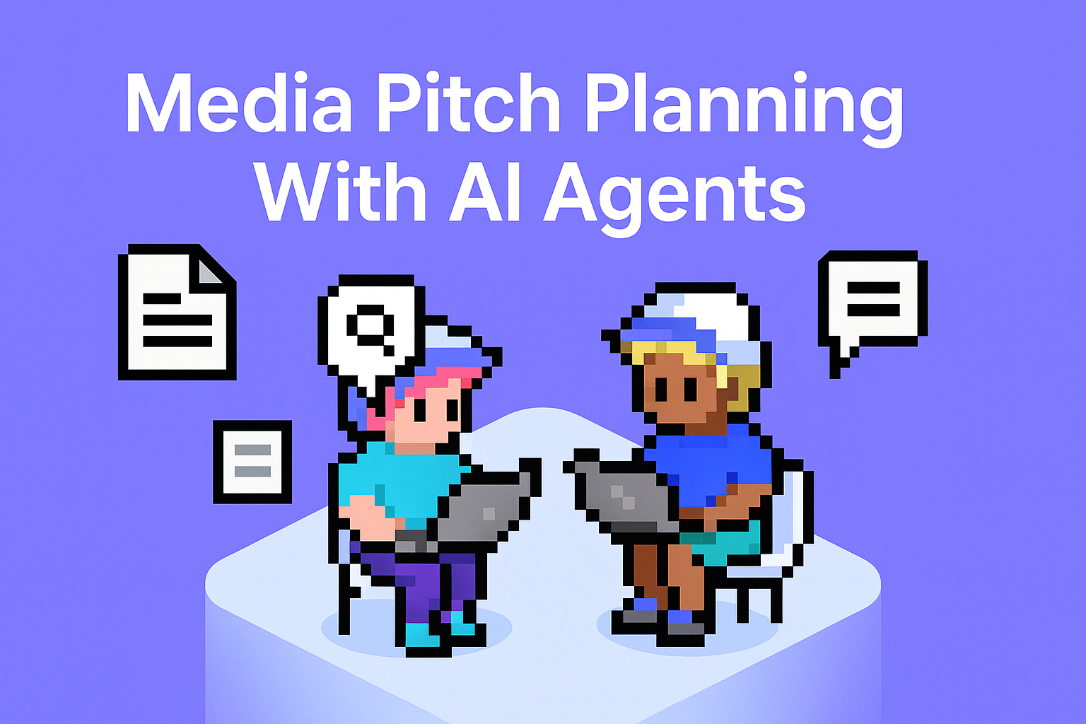 Media Pitch Planning With AI Agents - two PR professionals using laptops with document and communication icons showing automated media pitching workflow