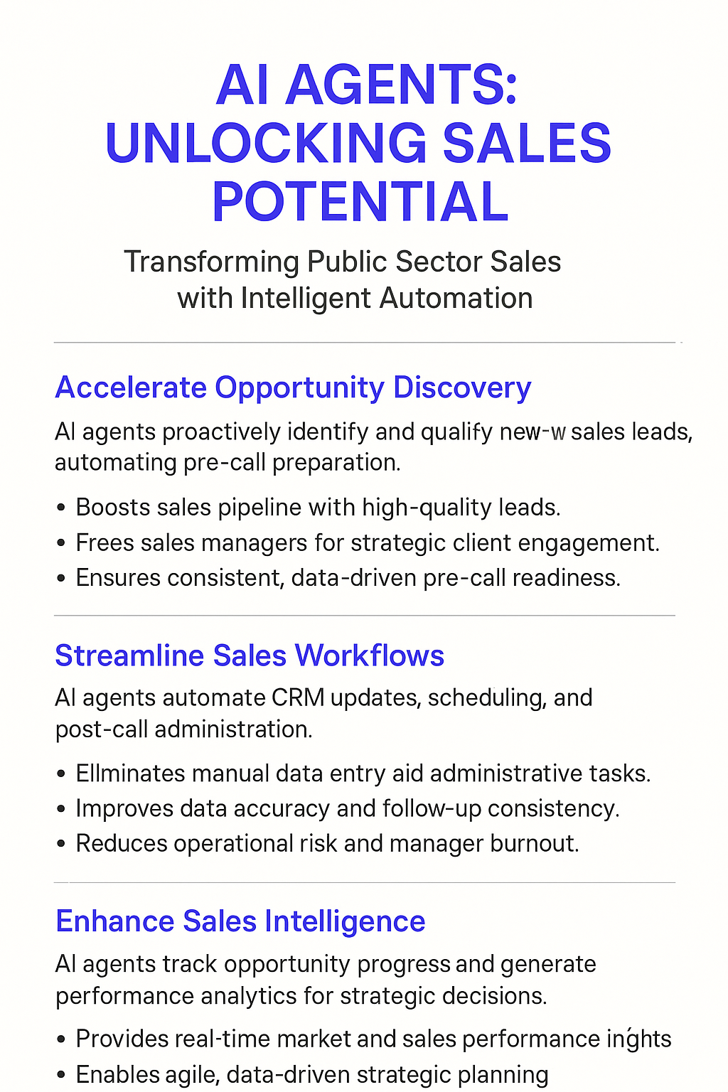 AI Agents: Unlocking Sales Potential infographic showing intelligent automation transforms public sector sales through accelerated opportunity discovery