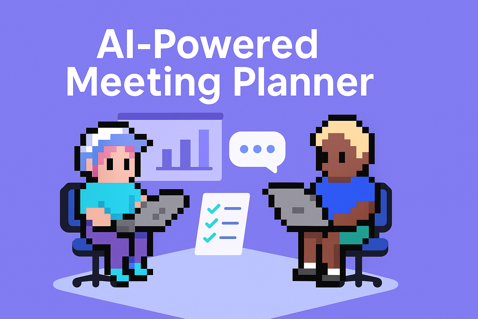 AI-Powered Meeting Planner illustration showing two business professionals using laptops for automated business pitch preparation and client presentations