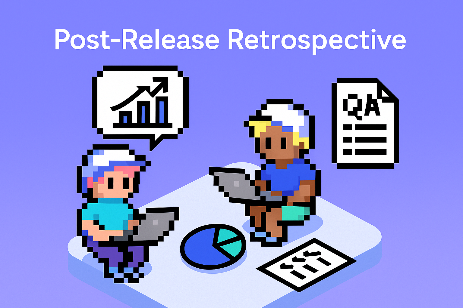 Post-Release Retrospective meeting illustration showing QA team analyzing software release data with charts and agile retrospective documents