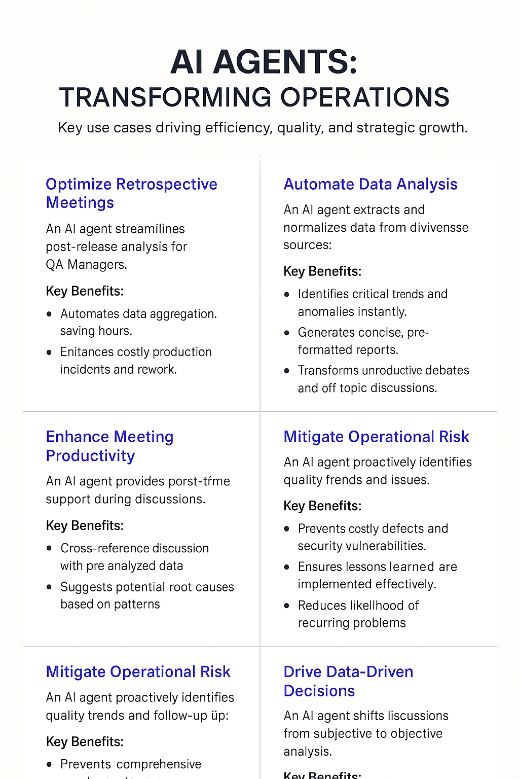 AI Agents Transforming Operations infographic showing key benefits of optimizing retrospective meetings, automating data analysis, enhancing meeting productivity, mitigating operational risk, and driving data-driven decisions for quality assurance managers