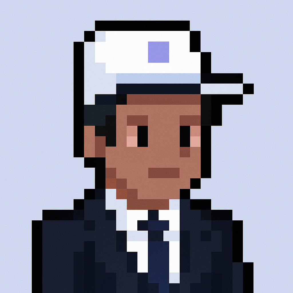 AI meeting planner agent avatar for key account managers - pixel art character in business suit with white cap representing product roadmap presentation automation