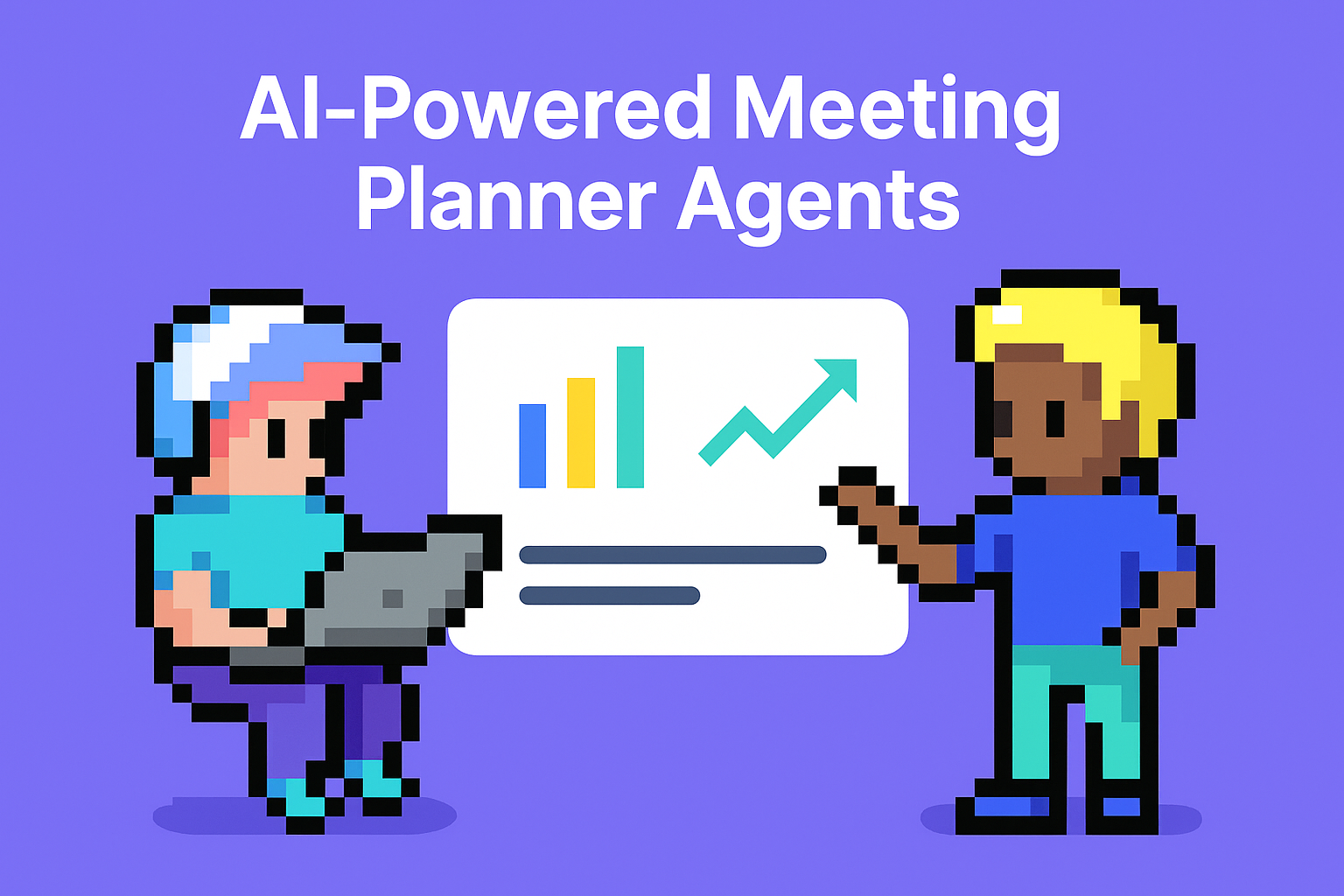 AI-Powered Meeting Planner Agents - two business professionals using AI technology for product roadmap presentations with laptop and presentation charts
