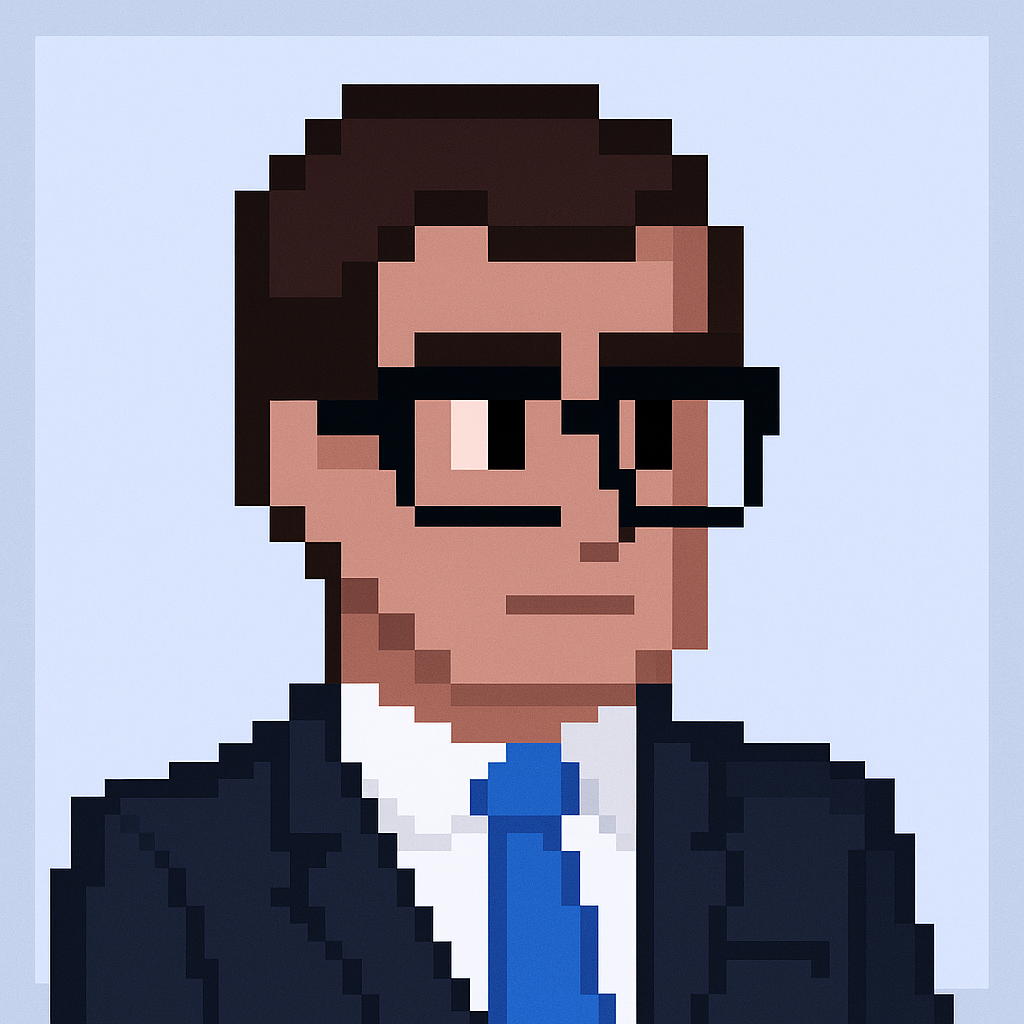 Professional pixel art avatar of key account manager with glasses and business suit for product roadmap discussion agent