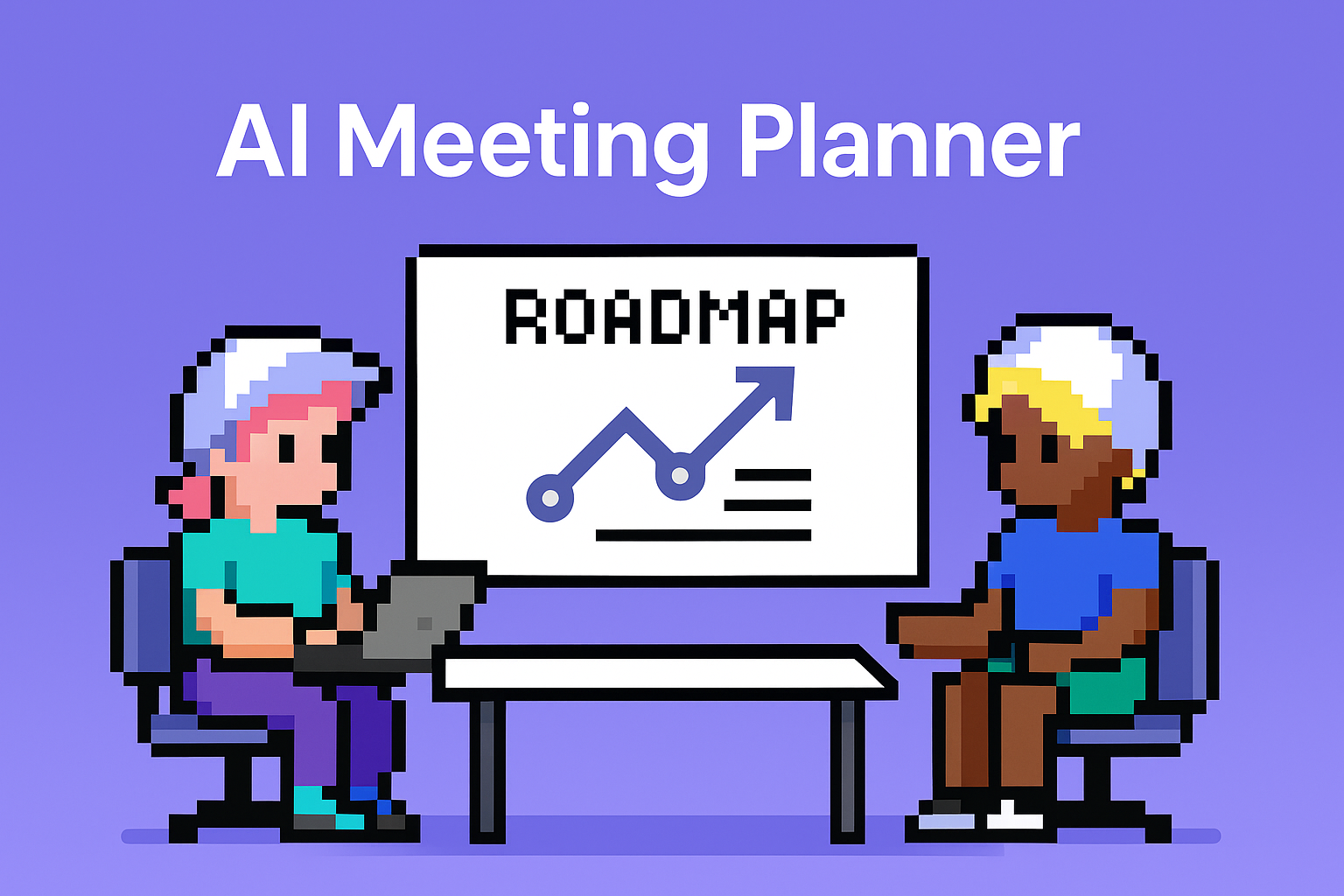 AI Meeting Planner for product roadmap discussions - two professionals collaborating with ROADMAP presentation showing upward growth trend for key account managers