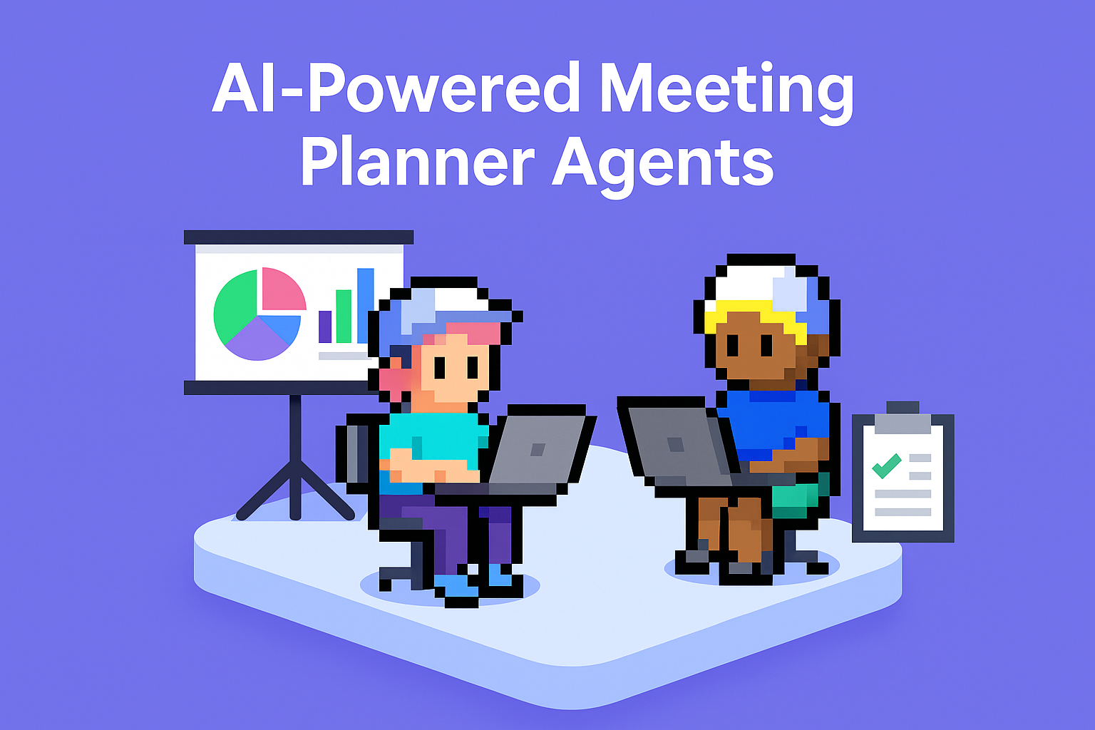 AI-Powered Meeting Planner Agents for quarterly business reviews - two professionals collaborating with laptops, presentation charts, and task management tools