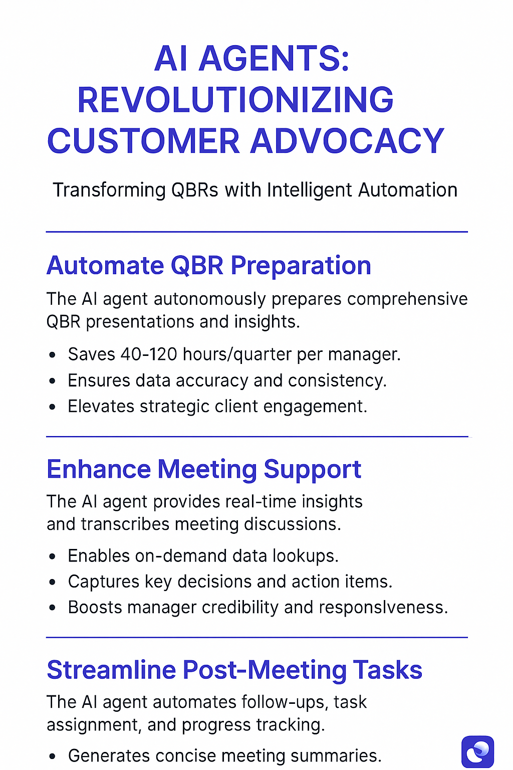 AI Agents: Revolutionizing Customer Advocacy infographic showing QBR automation benefits - automate preparation saving 40-120 hours per quarter, enhance meeting support with real-time insights, and streamline post-meeting tasks
