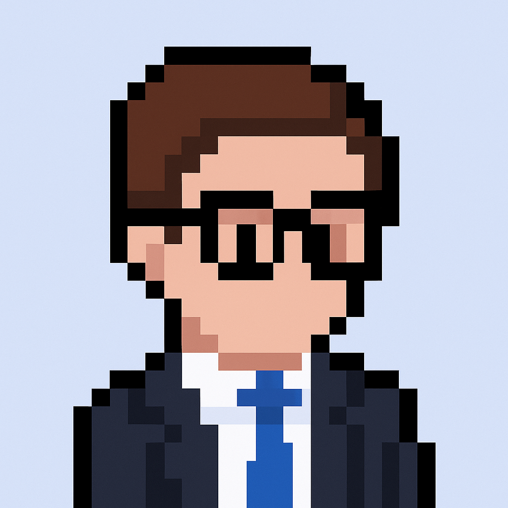 QBR meeting agent avatar for experience design managers - professional pixel art character with glasses and business suit representing AI-powered quarterly business review automation