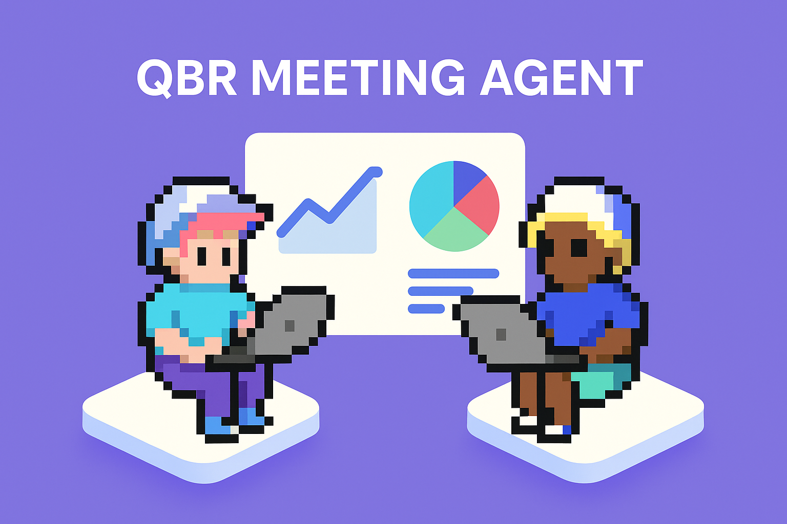 QBR Meeting Agent - two professionals using laptops with data visualization charts and graphs for quarterly business review automation and presentation creation