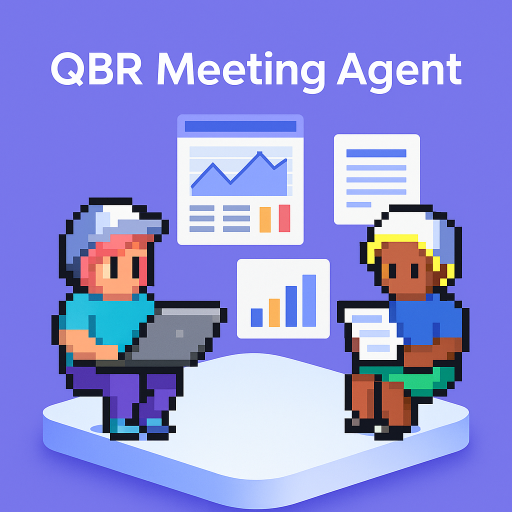QBR Meeting Agent - AI-powered quarterly business review automation for Key Account Managers with pixel art characters conducting data analysis
