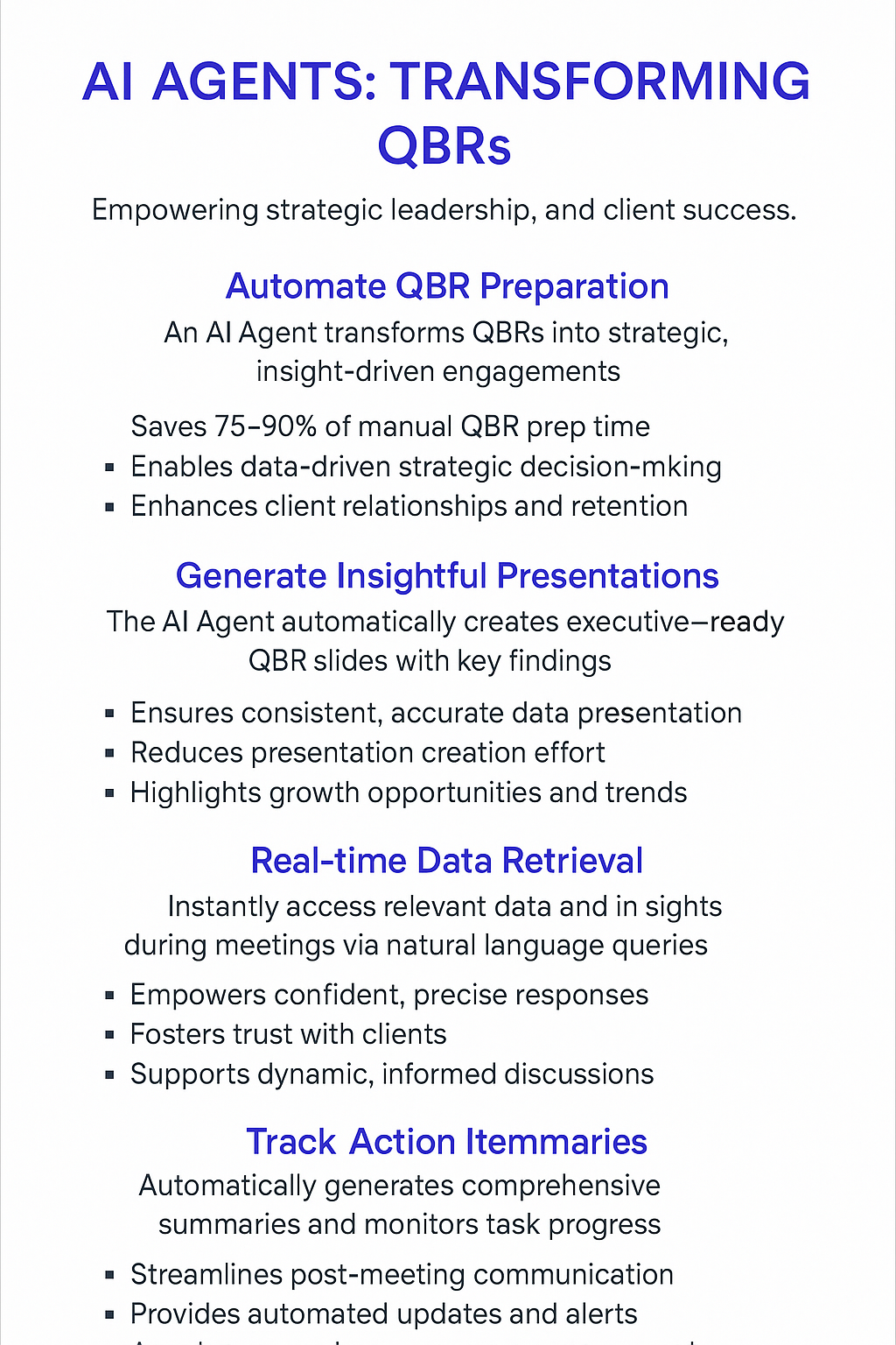 AI Agents Transforming QBRs infographic showing automated QBR preparation, insightful presentation generation, real-time data retrieval, and action item tracking for quarterly business reviews