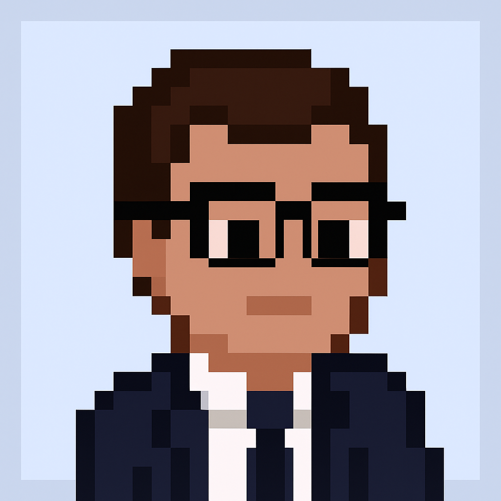 Professional pixel art avatar of QBR meeting agent for key account managers wearing dark suit and glasses on light blue background