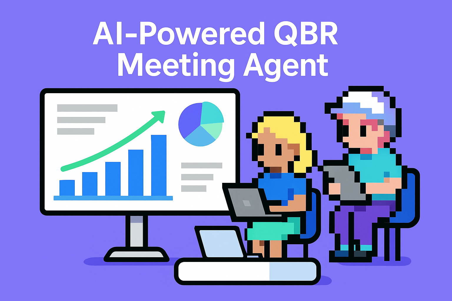 AI-Powered QBR Meeting Agent illustration showing two professionals with laptops analyzing quarterly business review data on computer screen with charts and graphs