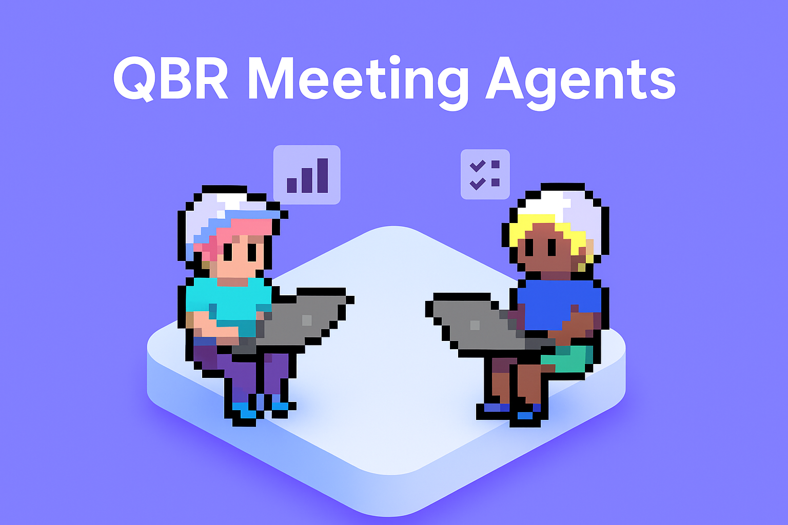 QBR Meeting Agents - Two AI assistants with laptops automating quarterly business review preparation and data analysis for key account managers