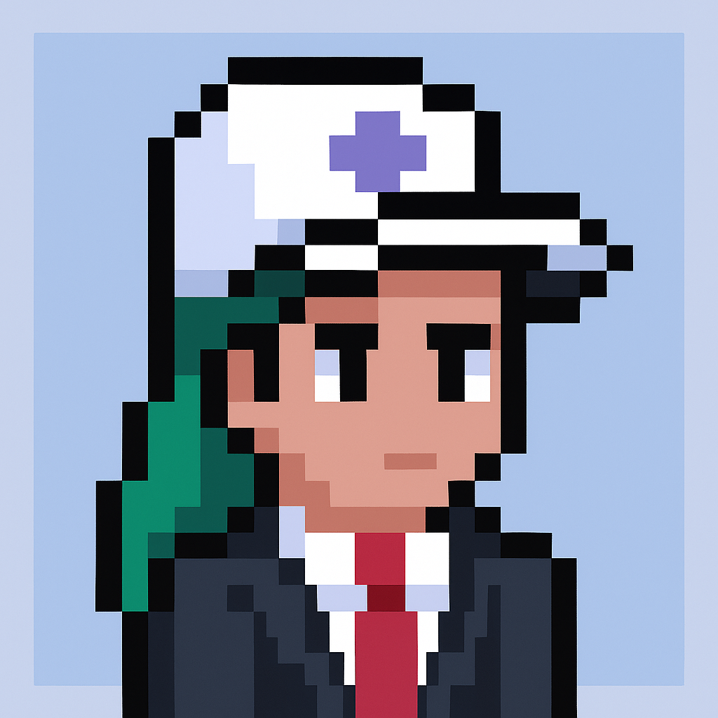 QBR Meeting Agent avatar - AI assistant for Key Account Managers with green hair, white cap, black suit and red tie in pixel art style
