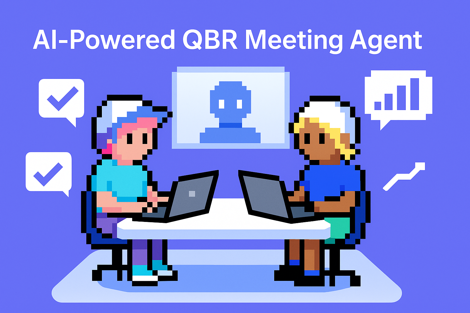AI-Powered QBR Meeting Agent - Two key account managers using AI meeting automation for quarterly business reviews with laptops and virtual meeting screen